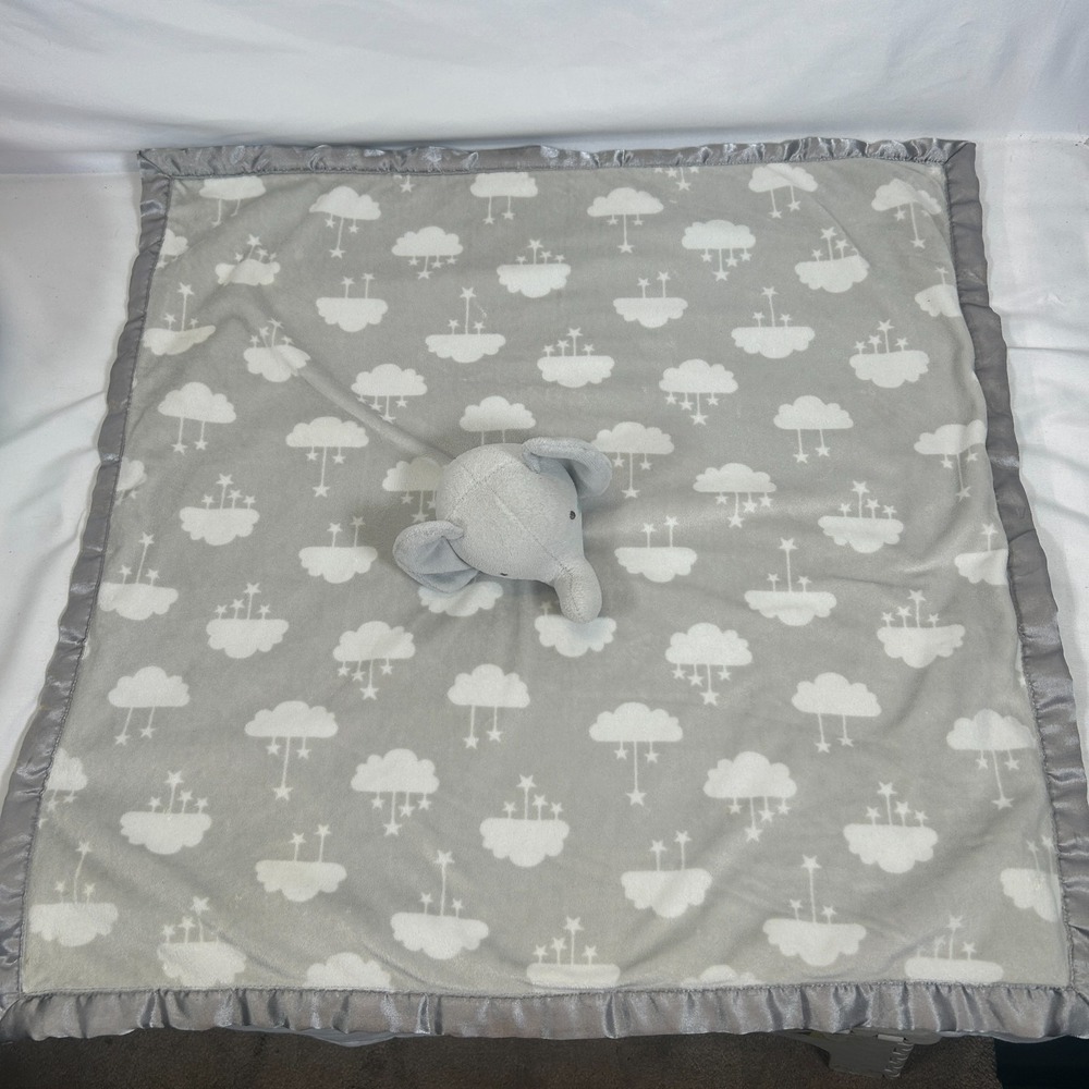 Parents Choice Gray Elephant Baby Lovey Clouds Security Blanket Plush Big Satin